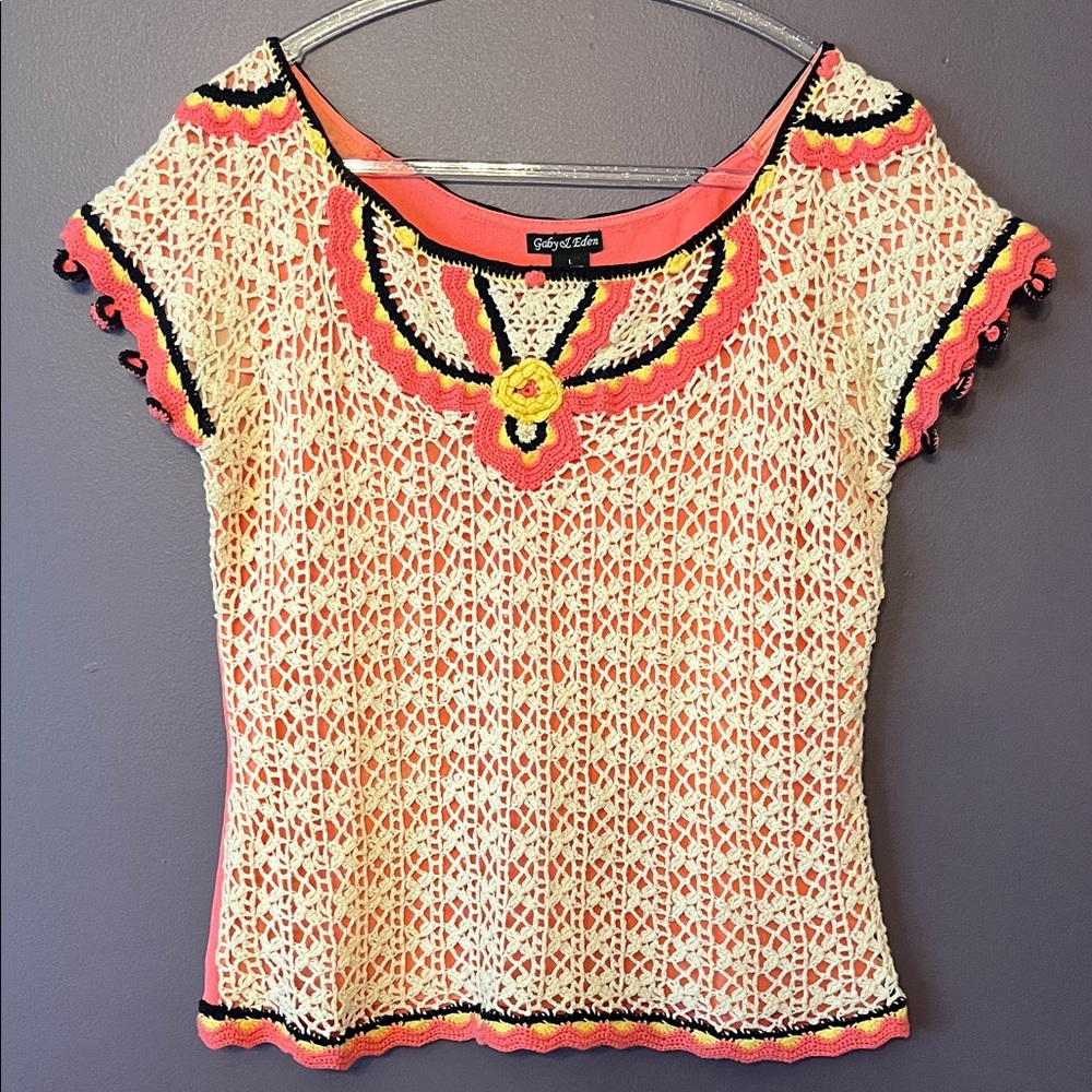 Gabby & Eden Colorful Crochet hippy chic large summer Top